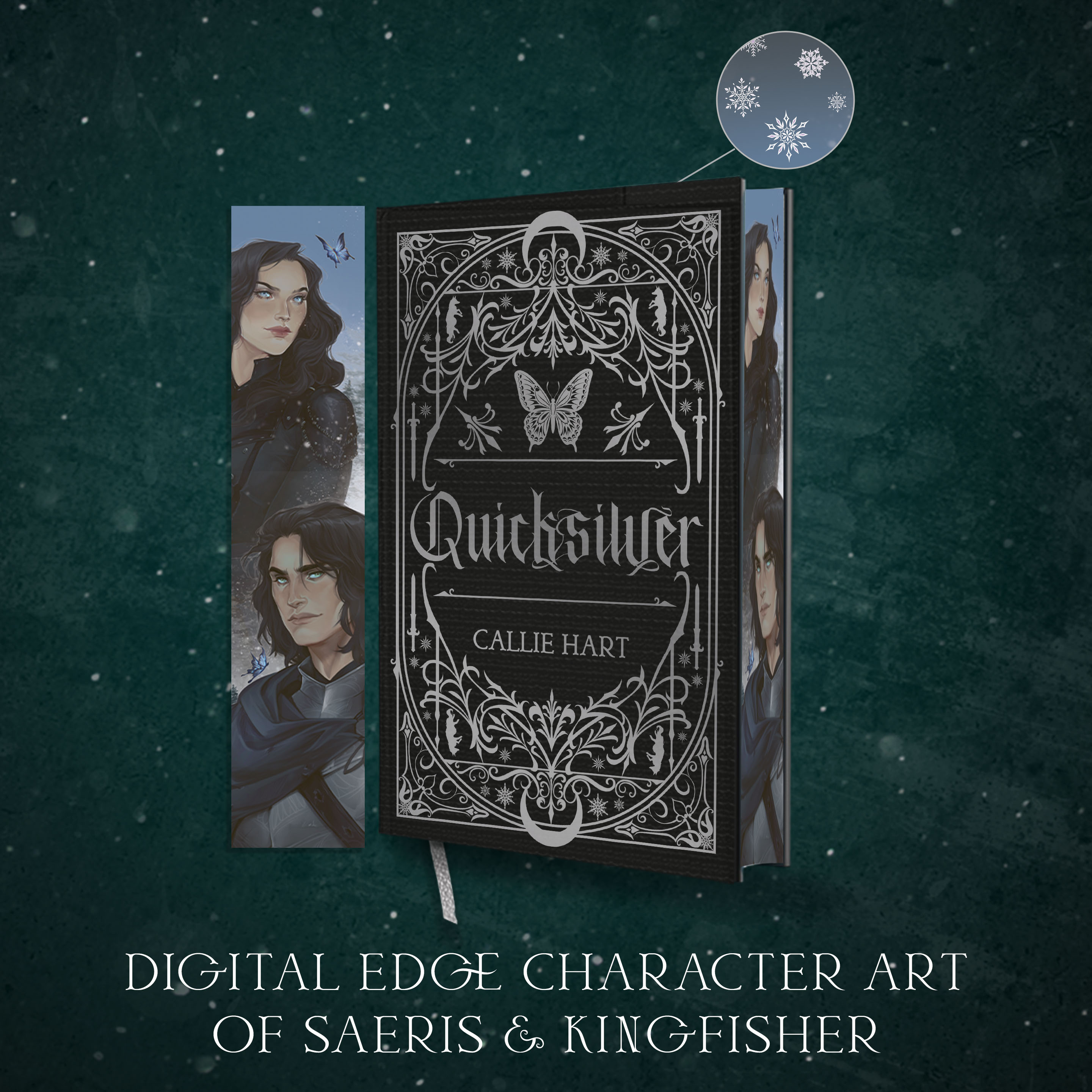 Pack shot of Quicksilver, black boards with silver foil gothic design, sprayed edges showing Saeris and Kingfisher Character art and snowy top and bottom design